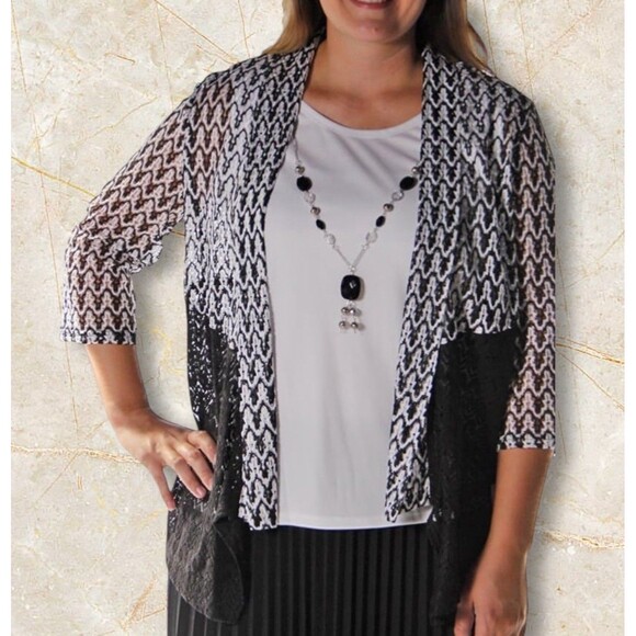 NEW w Tags Alfred Dunner Lace Lightweight Cardigan Topper Open 1X Black White - Picture 1 of 7